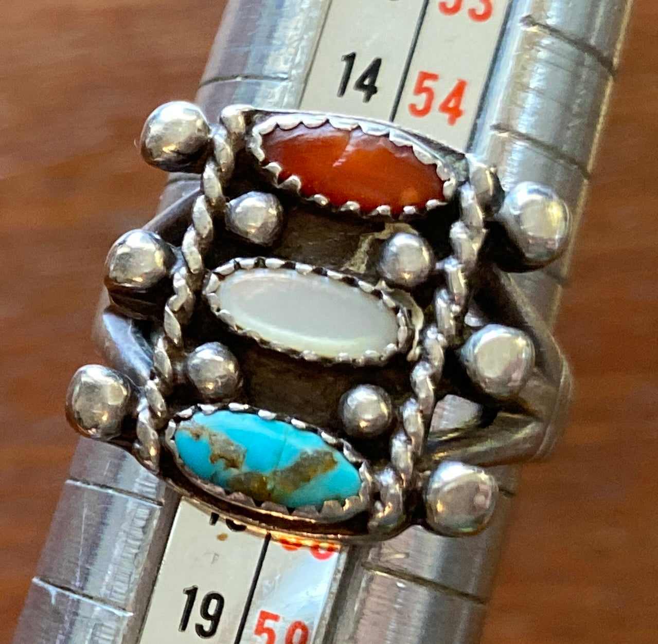 Signed Sterling Silver 925 Turquoise Red Coral MOP Ring Sz 7.5