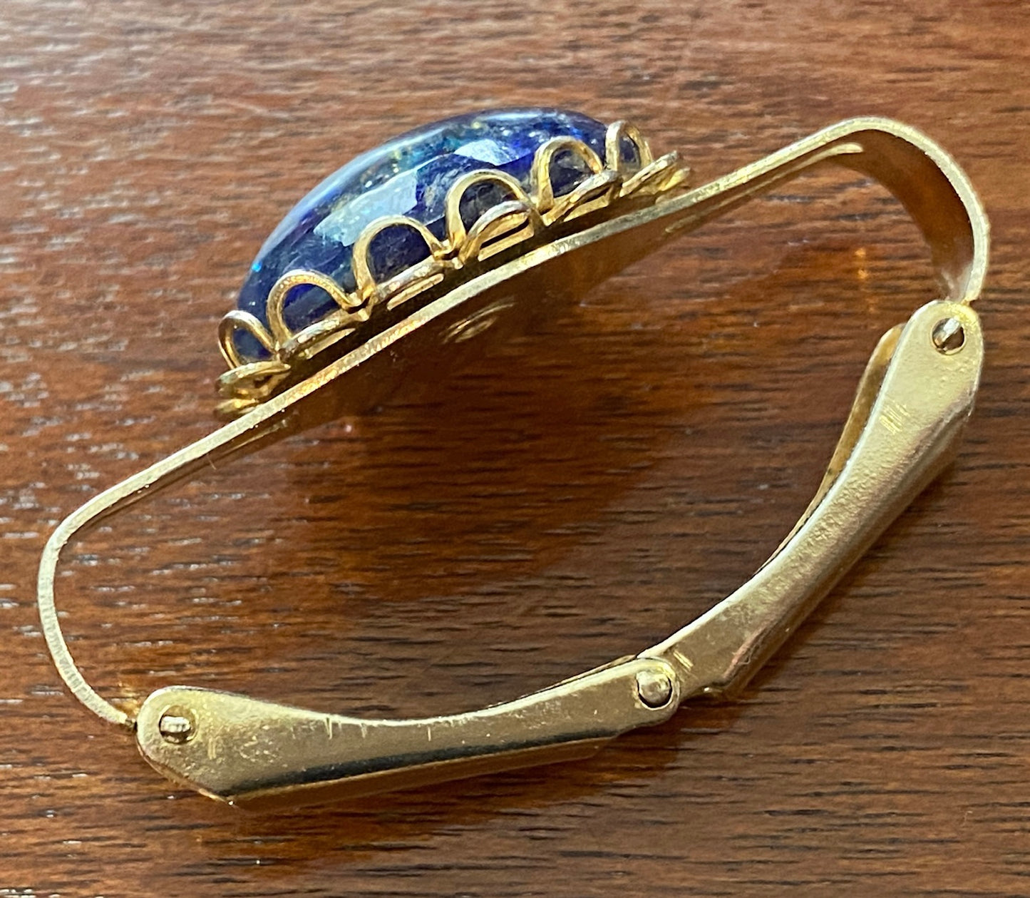 Vintage Blue Art Glass Scarf Clip Gold Tone