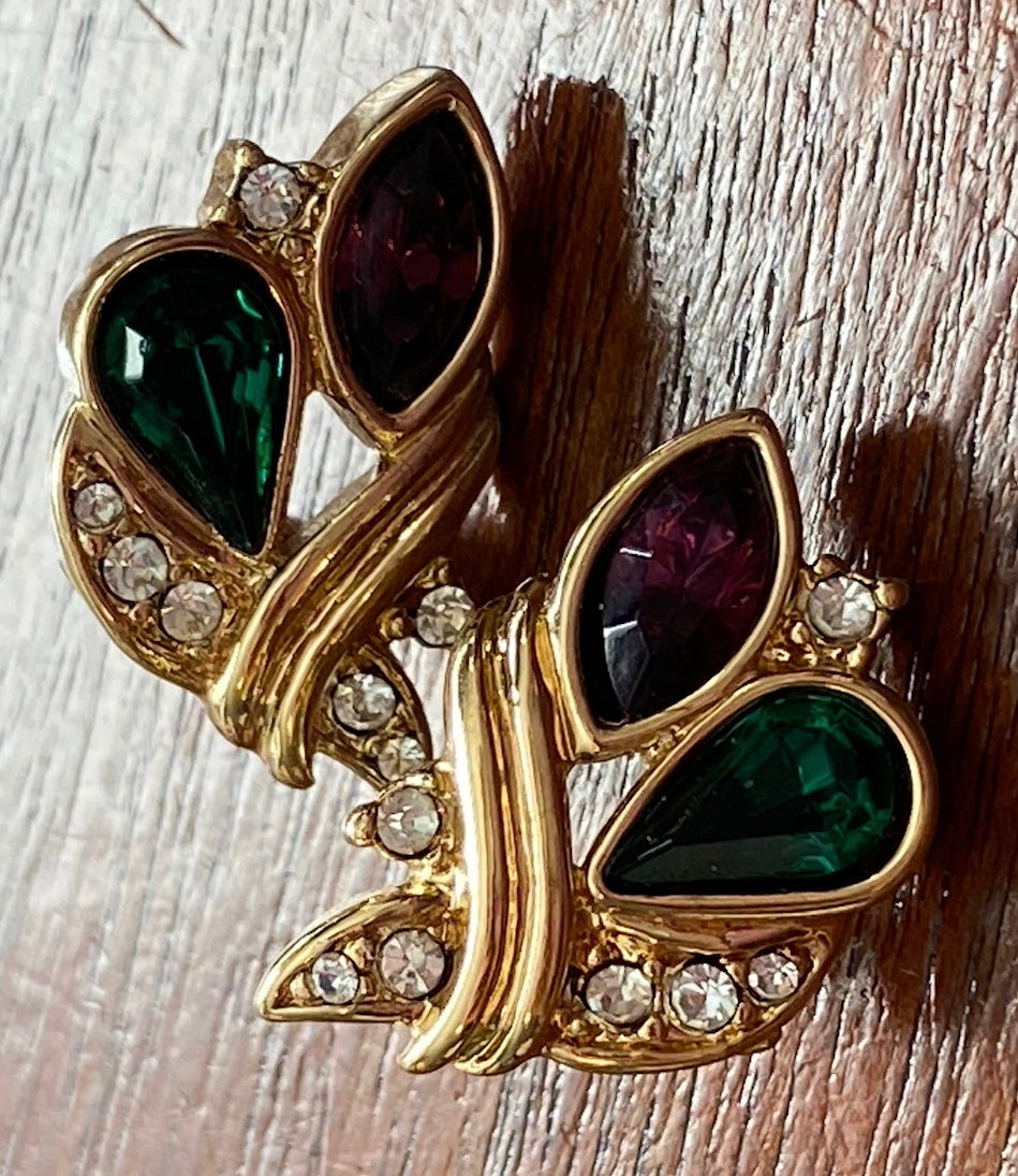 Vintage Gold Tone Green Purple White Rhinestone Jeweled Pierced Earrings