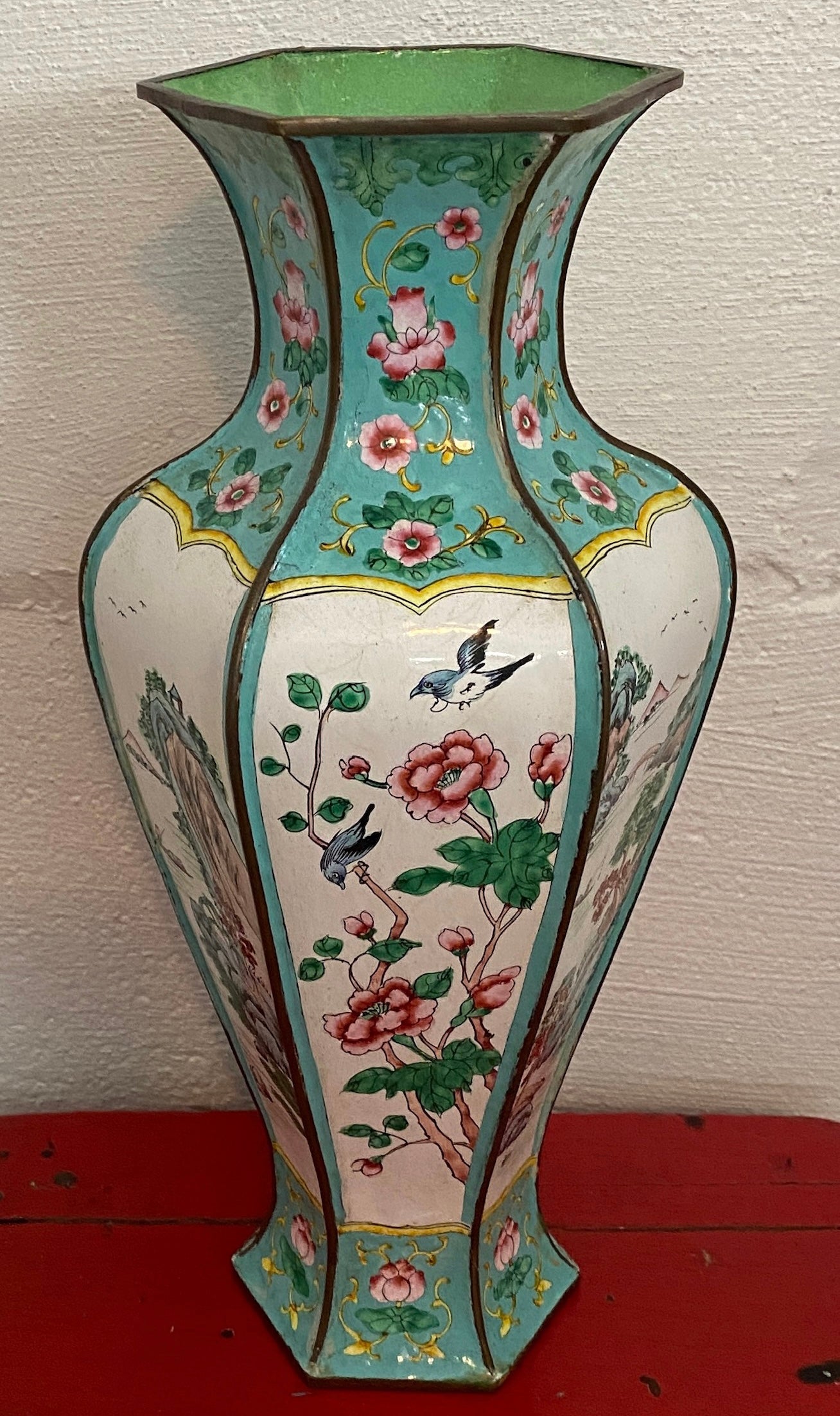 Vintage Chinese Cloisonne Enamel Over Copper 6 Paneled Vase Flowers Boats Birds