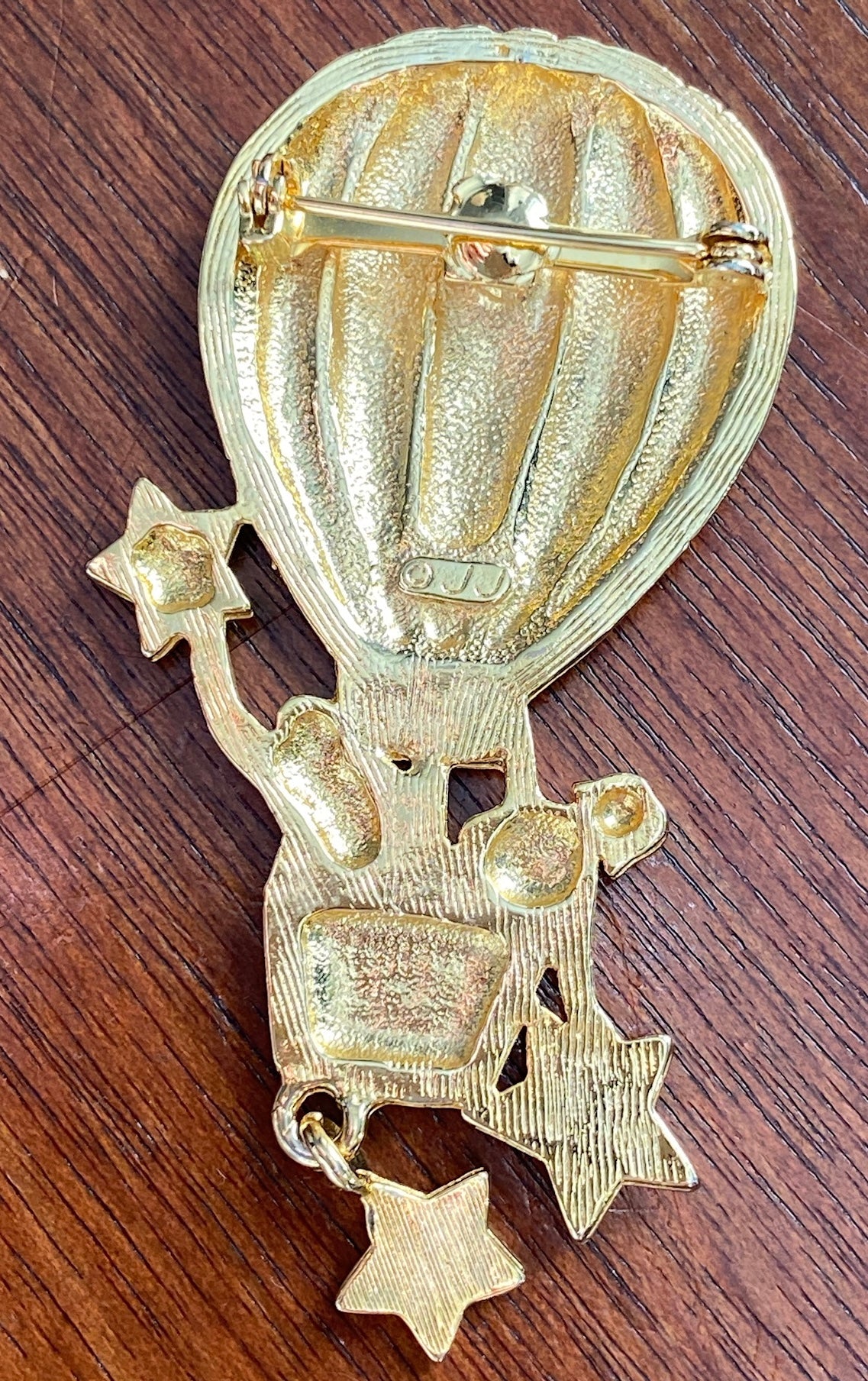 Vintage JJ Two Tone Gold Hot Air Balloon Stars Large Brooch Pin