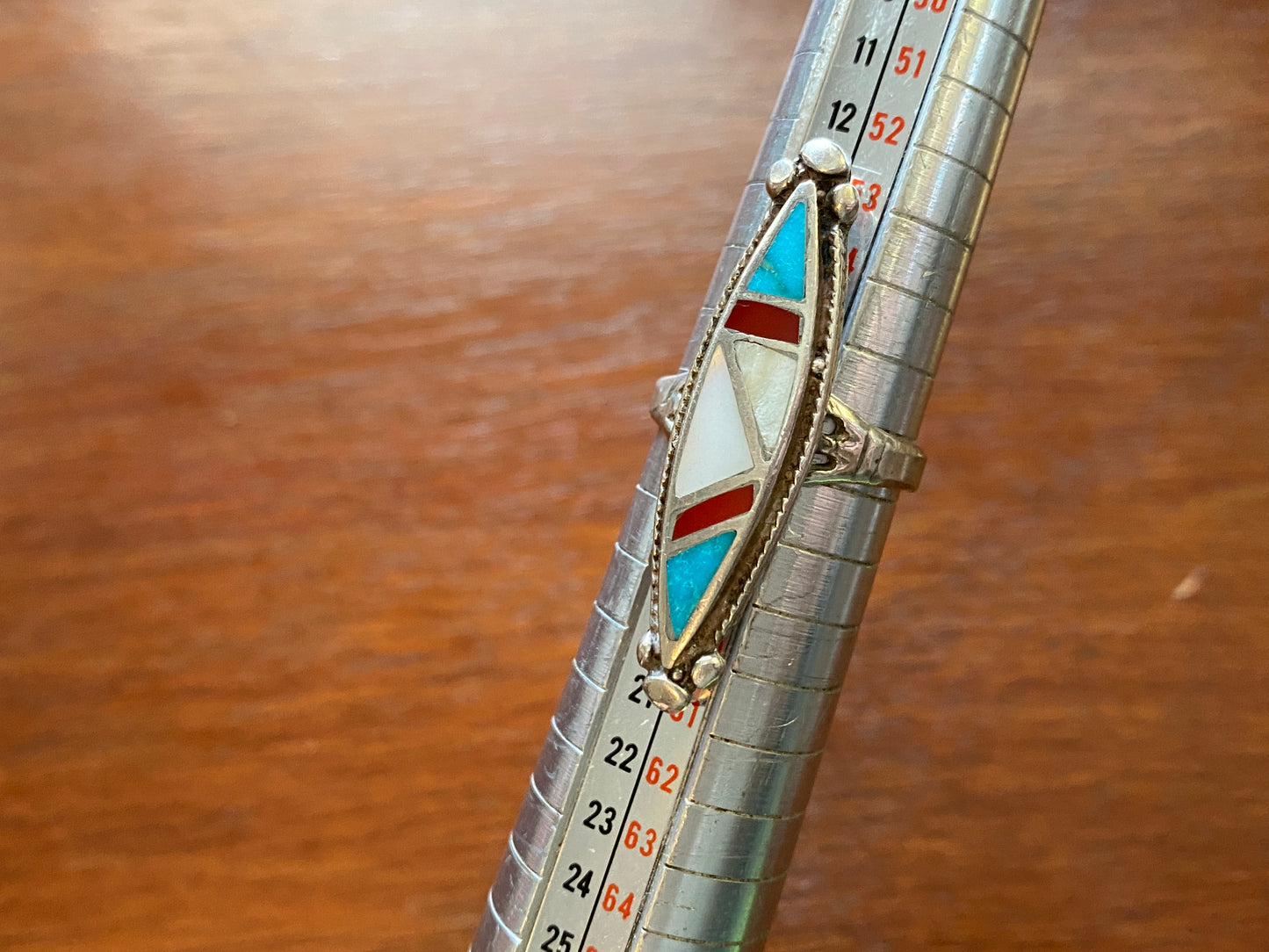 Silver Old Pawn MOP Turquoise Red Coral Inlay Statement Ring Sz 7.75