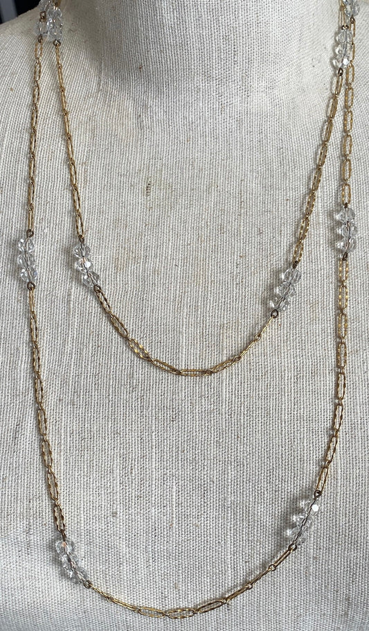 Vintage Faceted Glass Bead Gold Tone Opera Length Chain Necklace