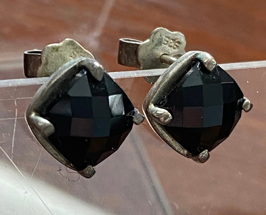 Sterling Silver 925 Faceted Black Stone Study Earrings