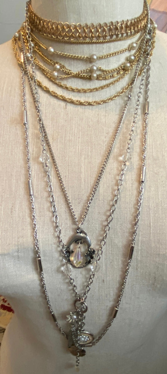 Lot of 5 Vintage to Now Chain Link Necklaces Choker Gold Silver Faux Pearl Victorian Style