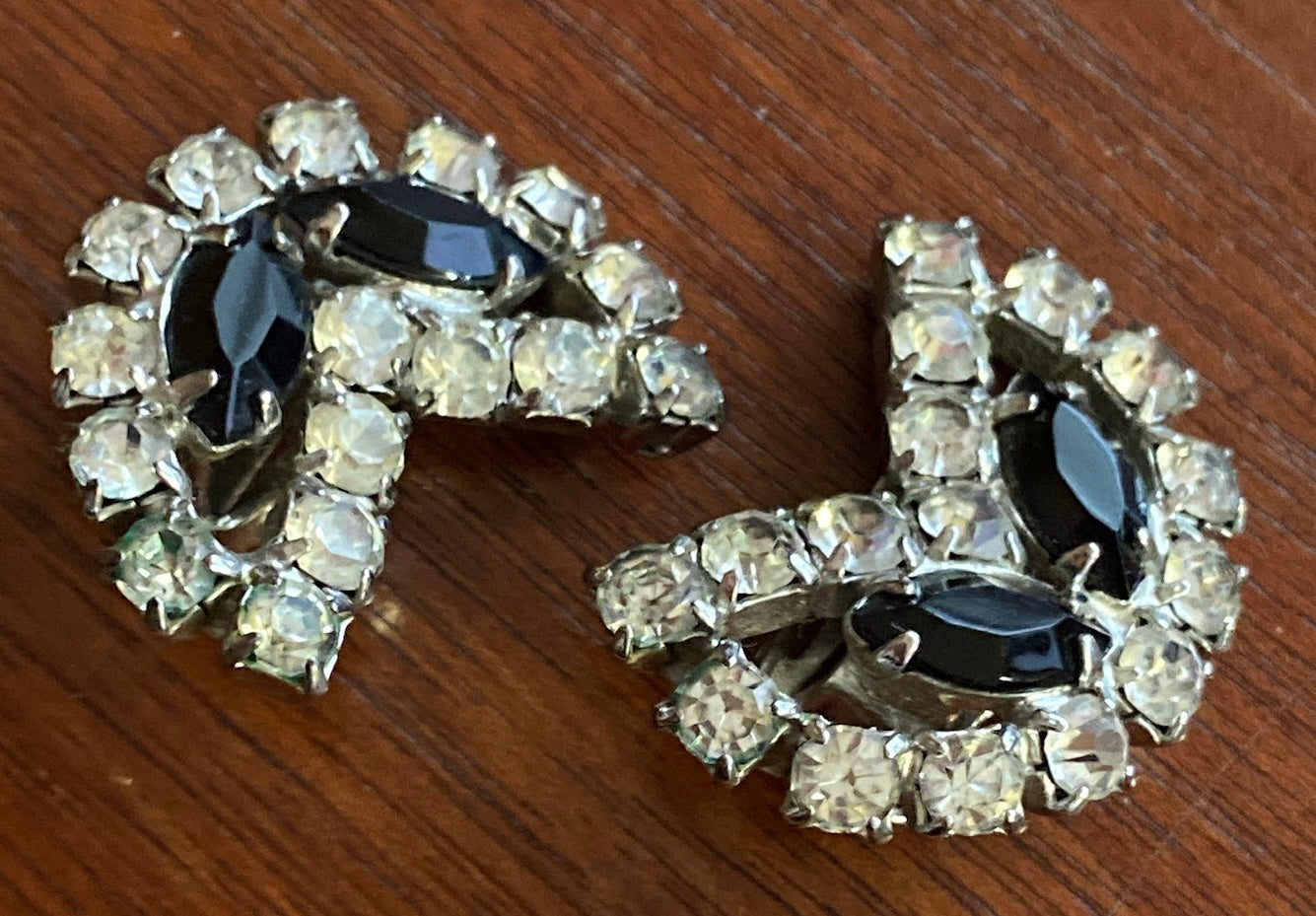 Vintage Black White Marquise Round Closed Back Rhinestone Clip on Earrings