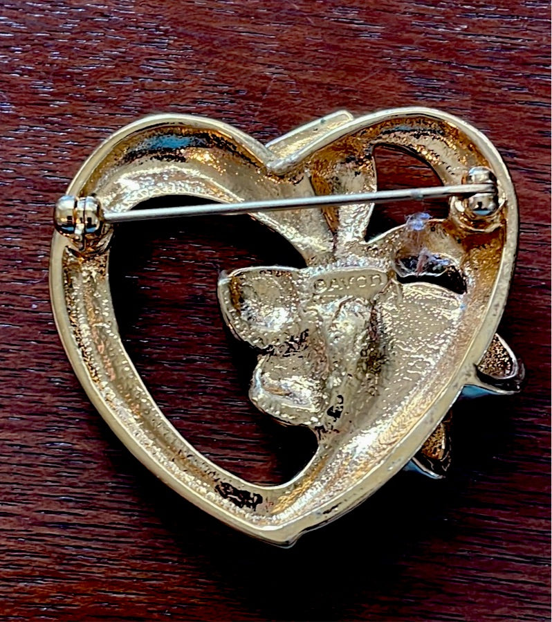 Avon Open Work Goldtone Heart Brooch Pin w Light Blue Rhinestone
