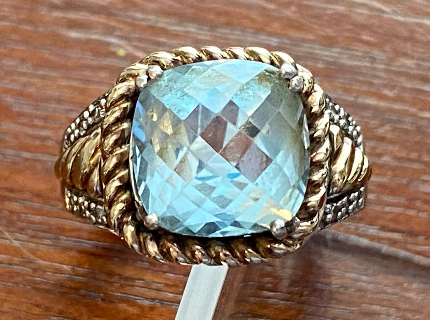 Sterling Silver 925 14k Yellow Gold Blue Topaz Diamond Ring Sz 5.25