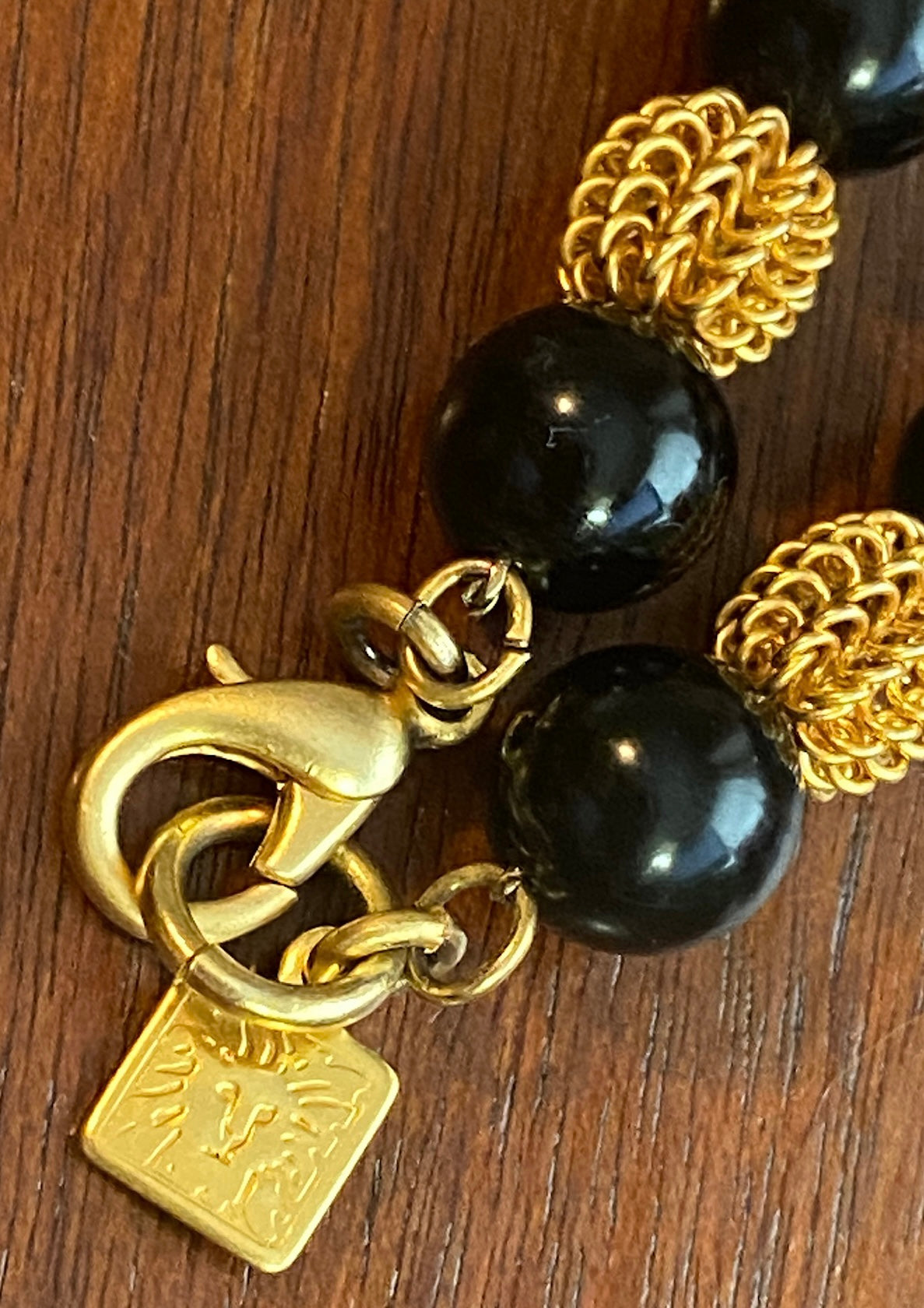 Vintage Signed Anne Klein Black Gold Mesh Bead Single Strand Necklace