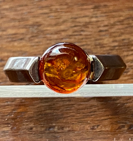 Vintage Sterling Silver 925 Round Amber Cabochon Ring Sz 5.5