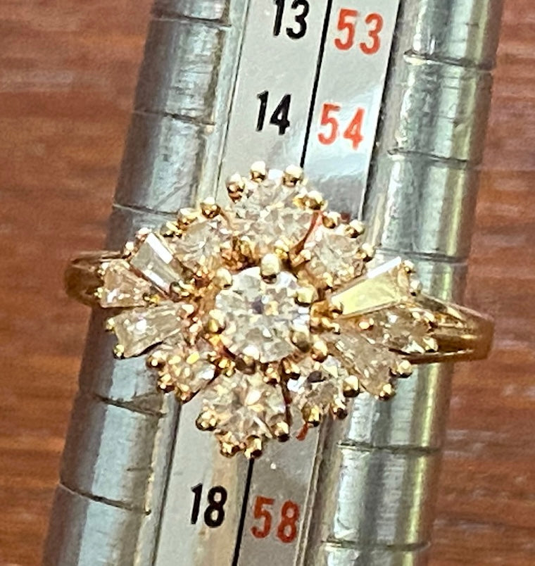 14k Yellow Gold Round Tapered Baguette Diamond Cluster Ring Sz 7.5