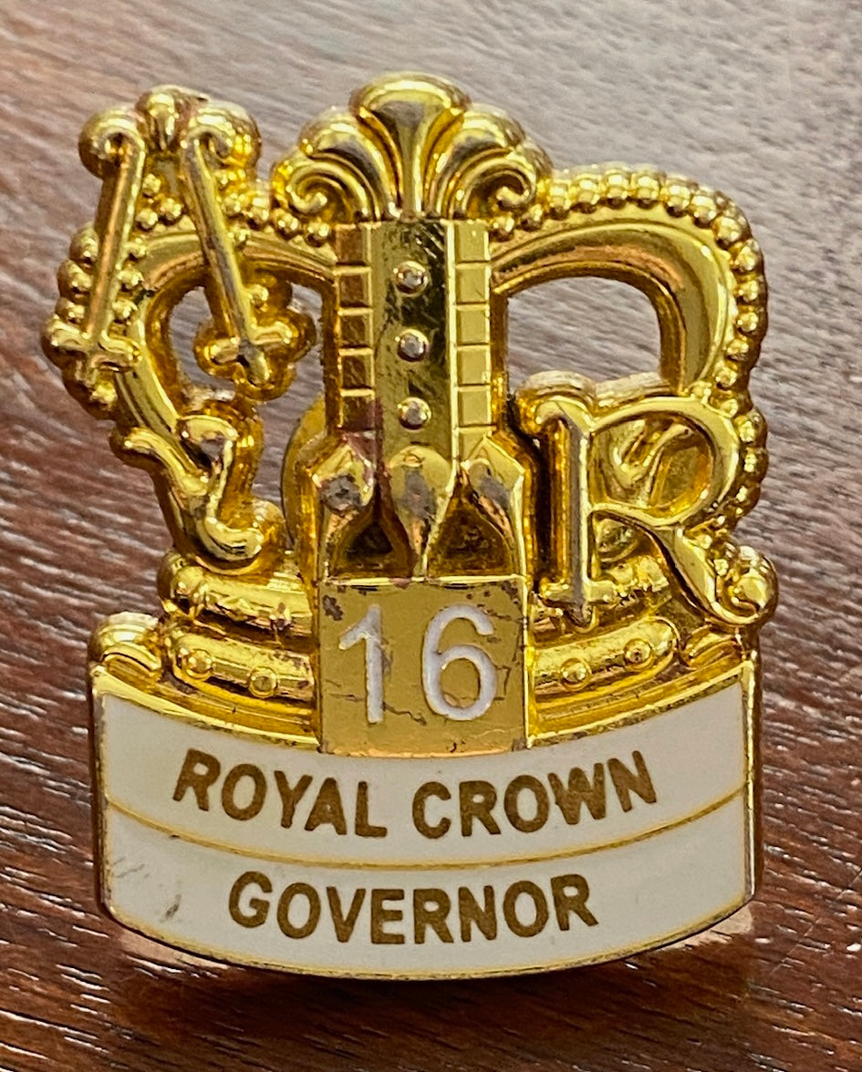 Royal Crown Governor Gold Tone White Enamel Pinback Brooch 16