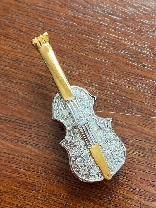 Vintage Signed Roman Gold Silver Tone Rhinestone Violin Brooch Pin