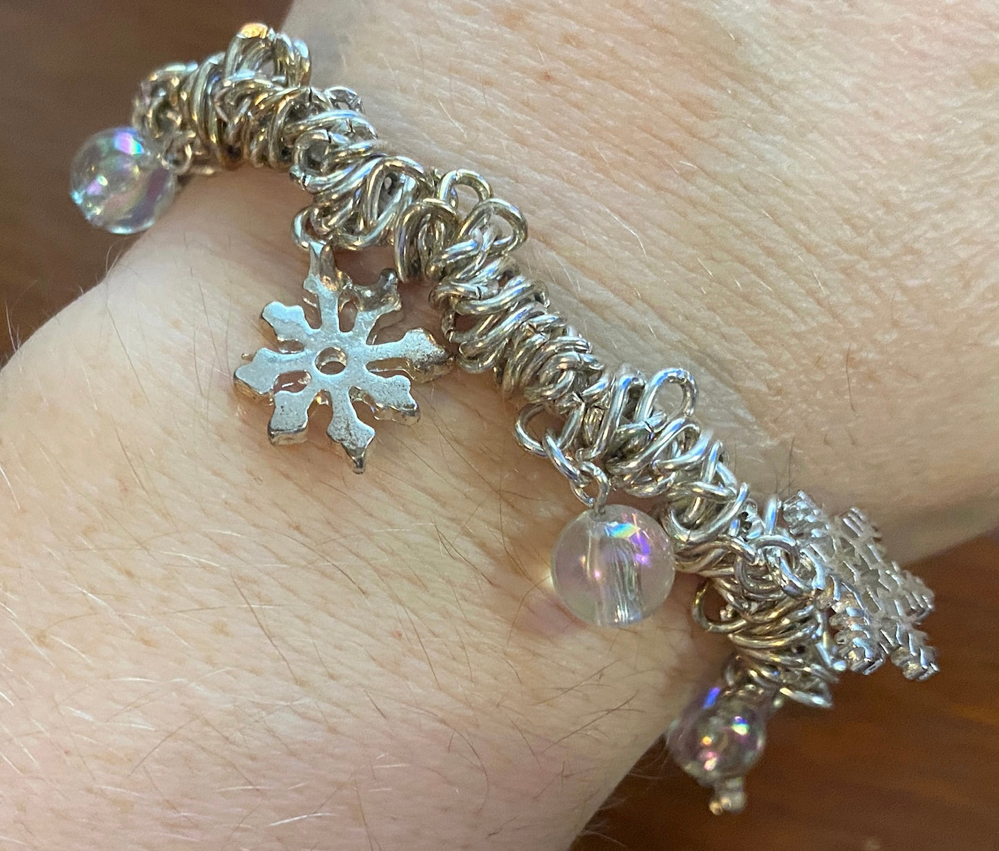 Silver Tone AB Aurora Borealis Bead Snowflake Charm Stretch Bracelet