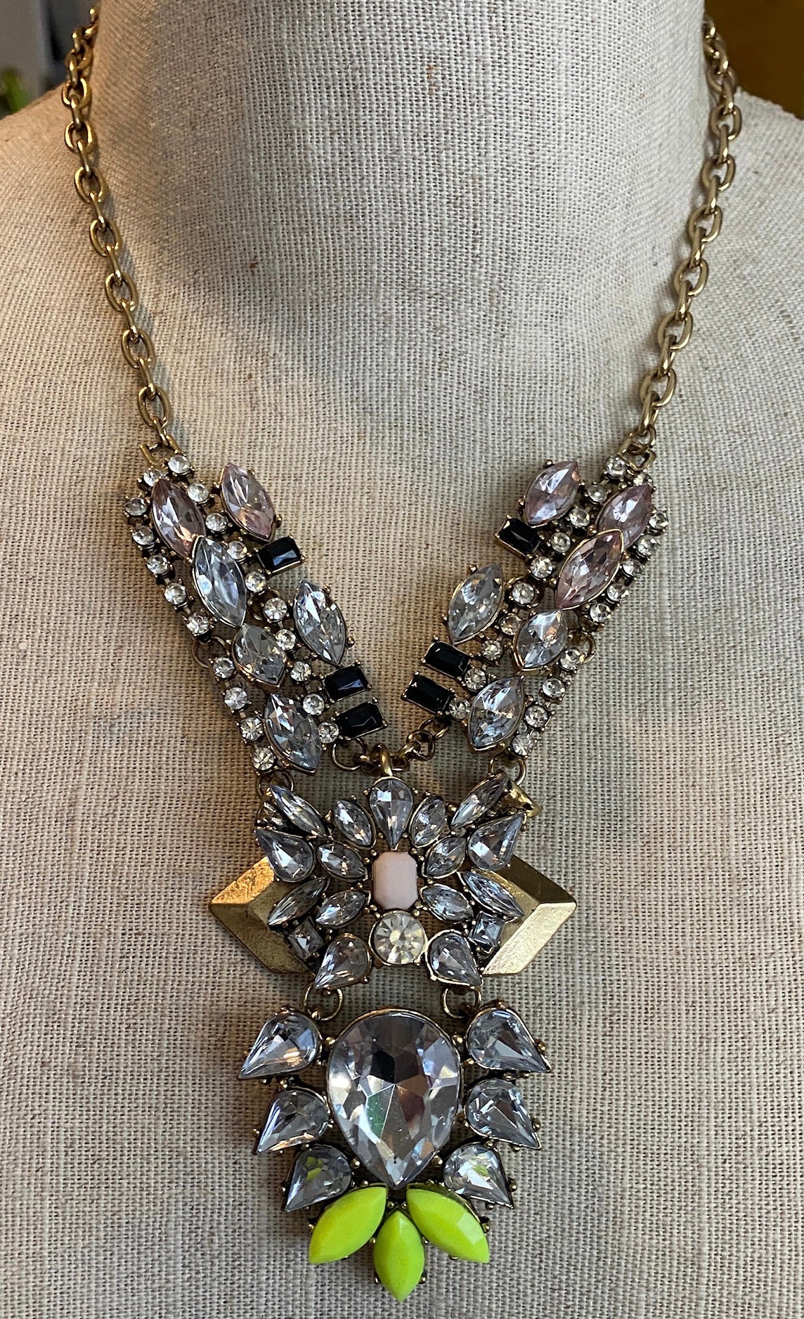 Gold Tone Metal Rhinestone Green Statement Pageant Necklace