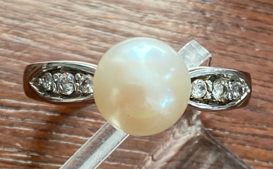 Sterling Silver IPS Signed Real Pearl CZ Ring Sz 7