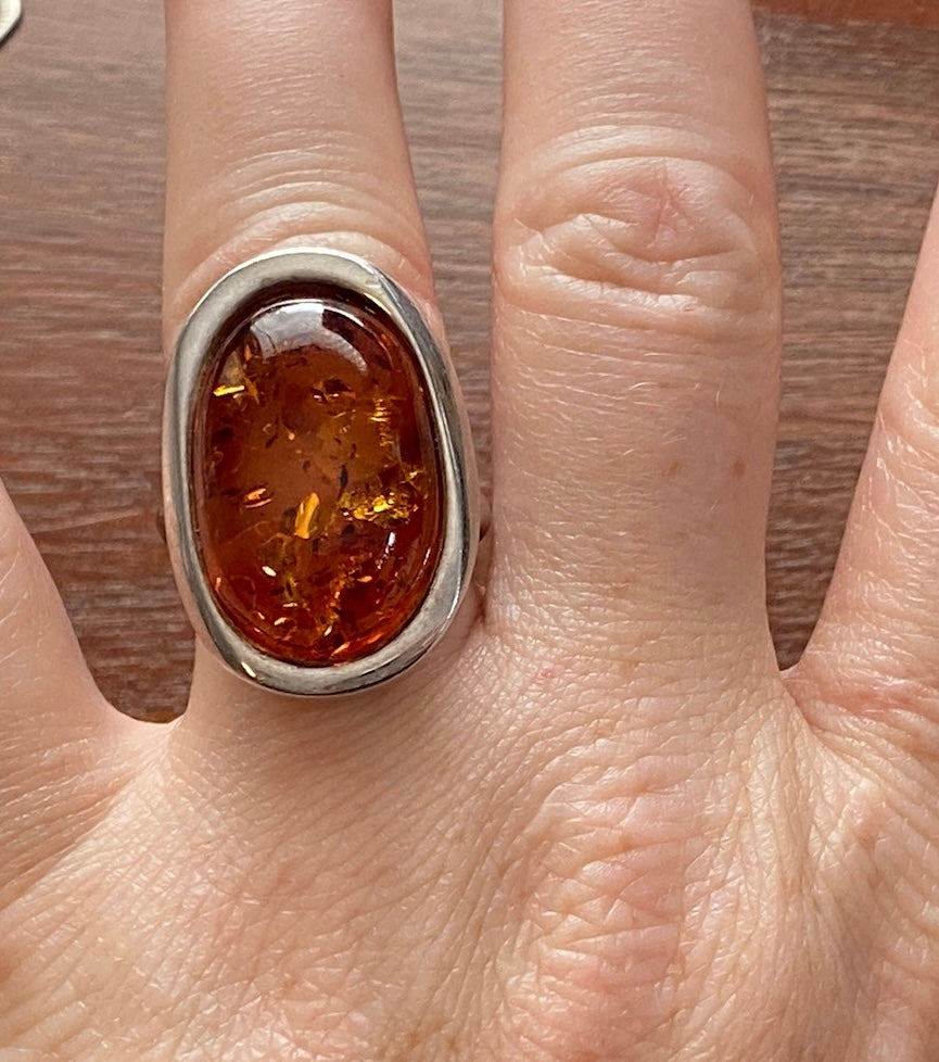 Large Faux Amber Cabochon Sterling Silver Modern Design Ring Sz 8.75