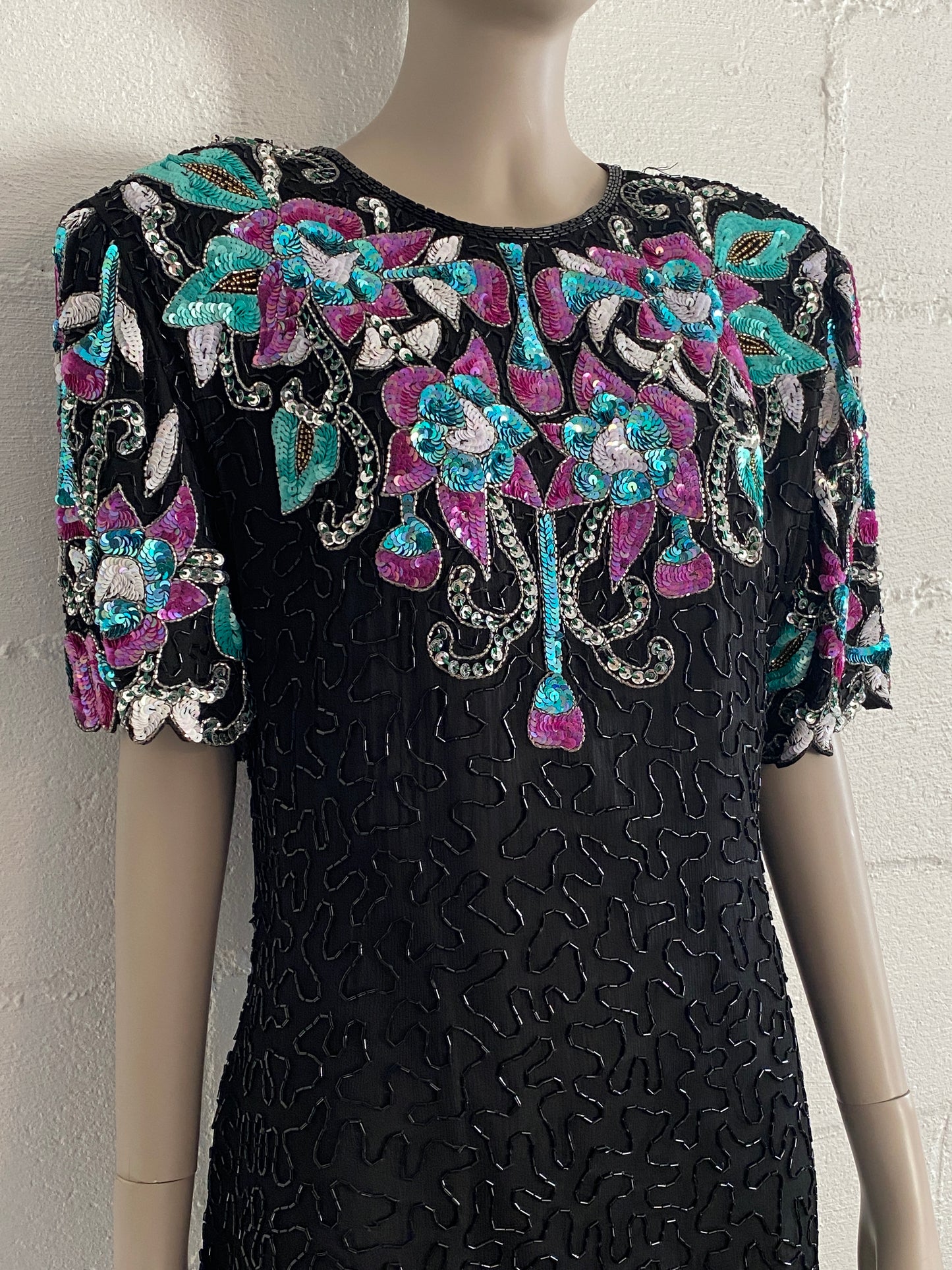 Laurence Kazar Pure Silk Petite XL Knee Length Dress Full Sequins