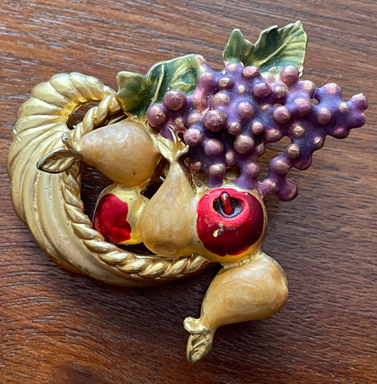 Vintage Signed AAI Cornucopia Harvest Painted Fruit Brooch Pin