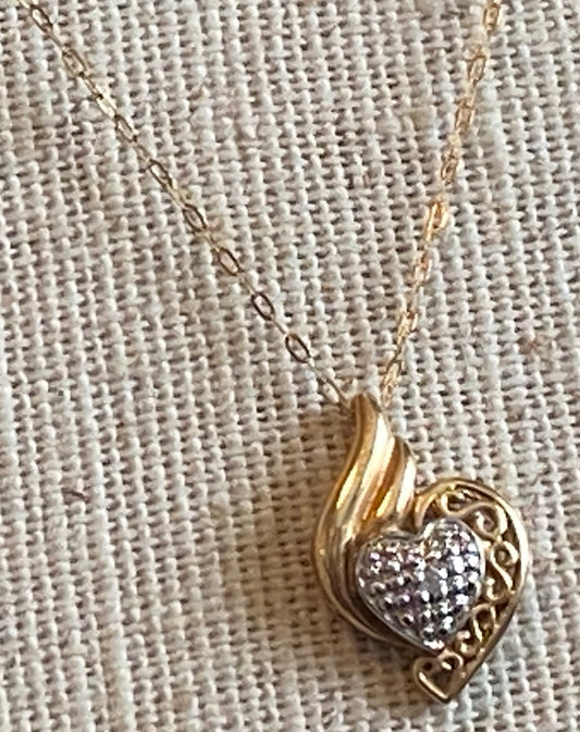 10k Yellow Gold Chain Diamond Accent Heart Pendant Necklace 18" Long