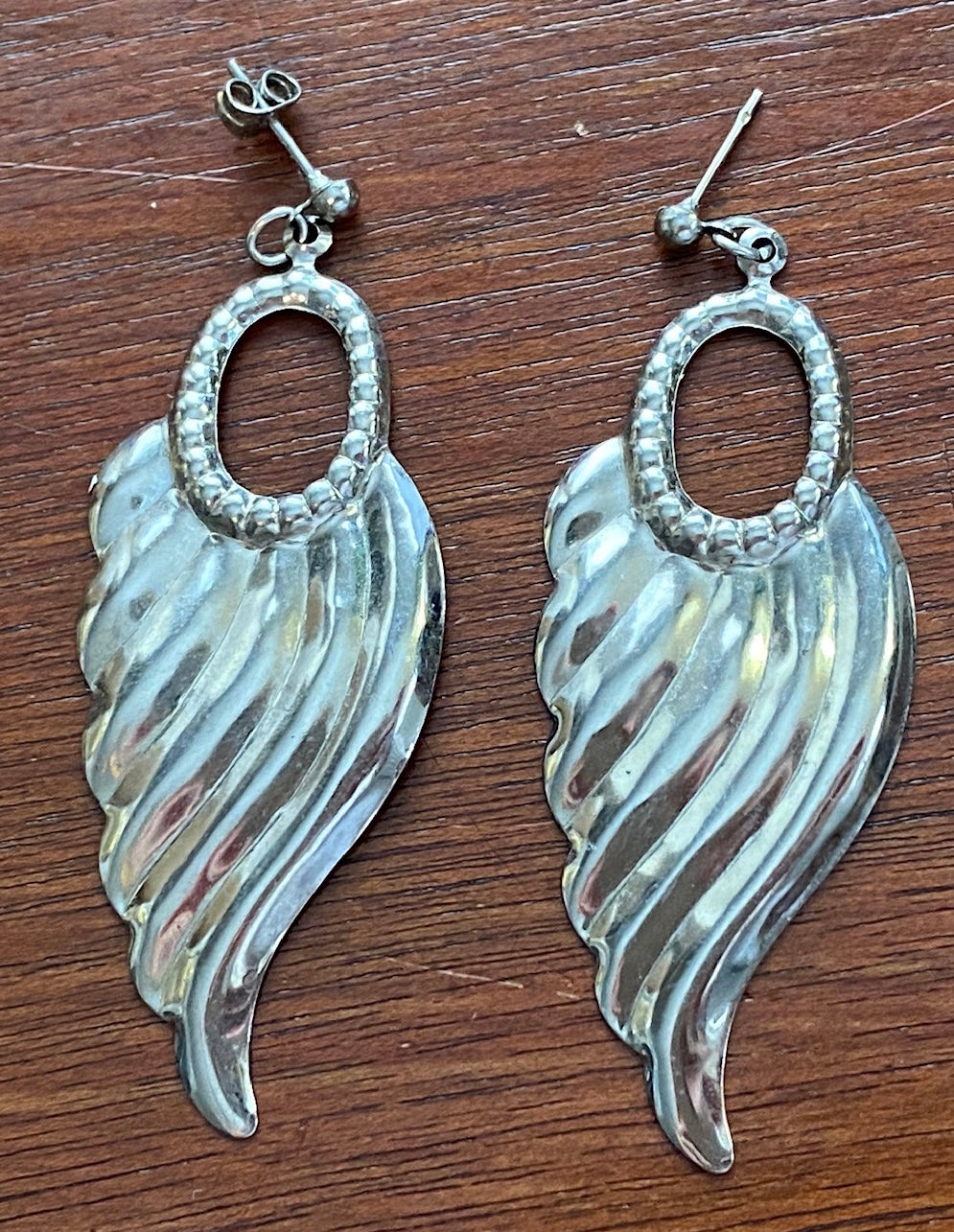 Silver Tone Metal Drop Dangly Wing Style Pierced Earrings