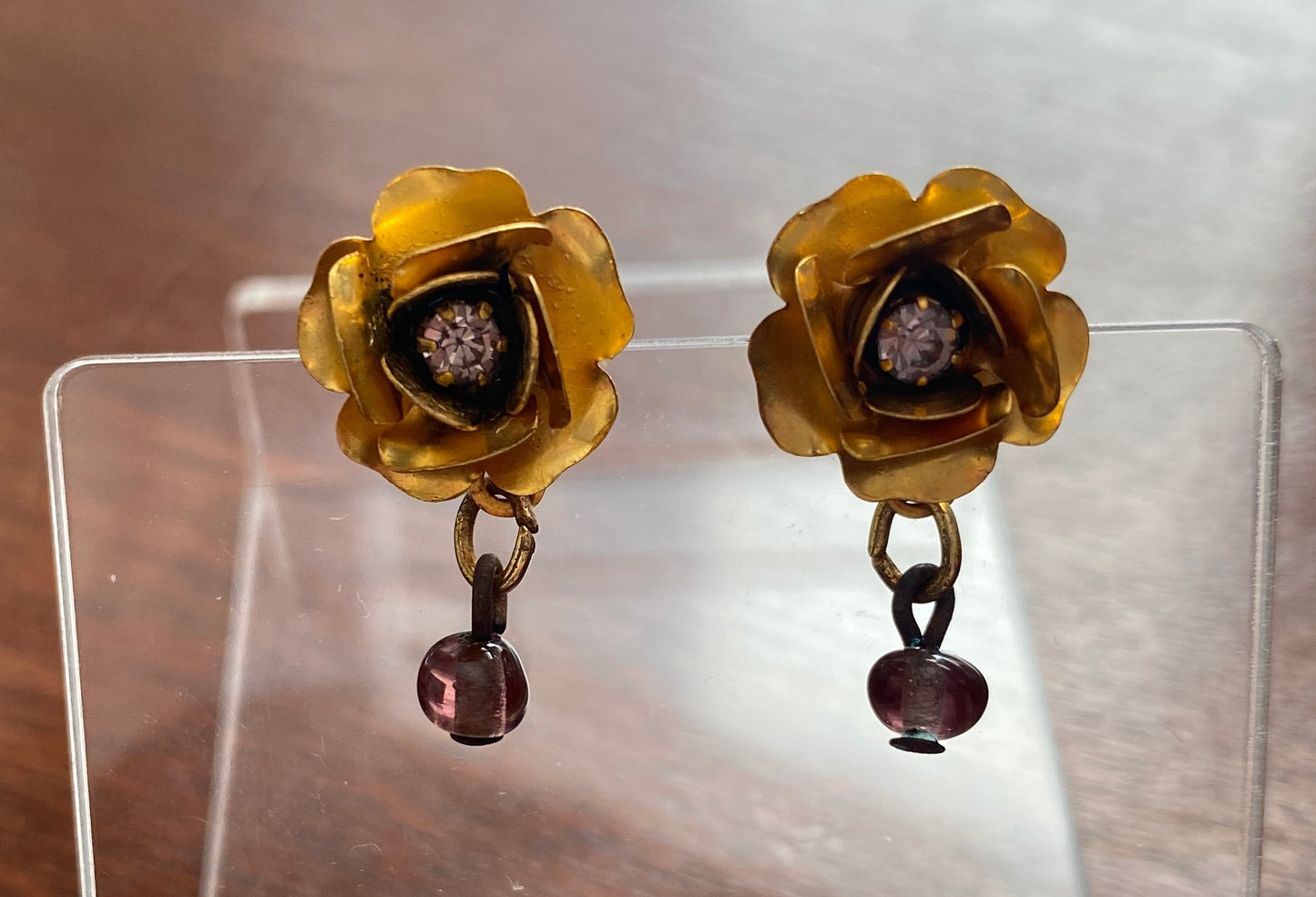Gold Tone Metal Rose Flower Rhinestone Drop Dangly Pierced Earrings Bead