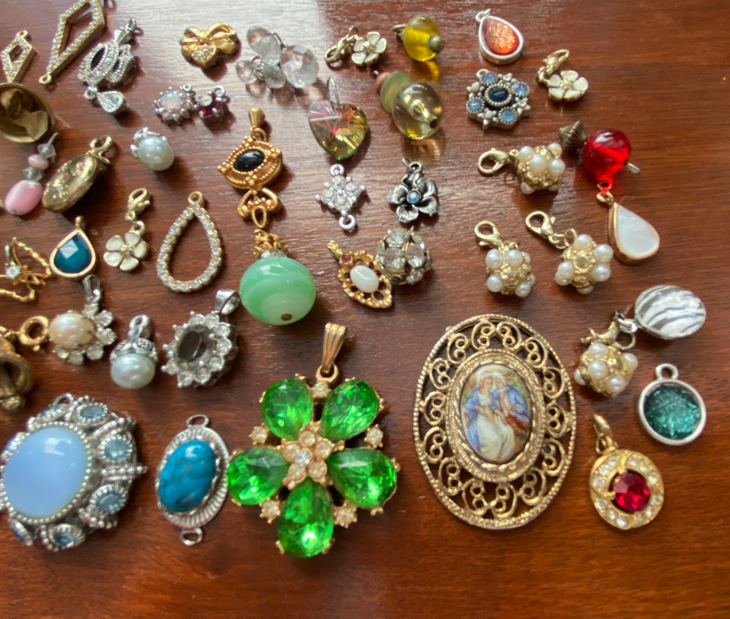 Huge Lot of Vintage to Now Necklace Pendants Charms Some Signed Rhinestones Hearts