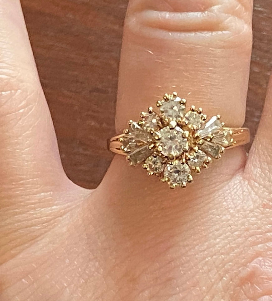 14k Yellow Gold Round Tapered Baguette Diamond Cluster Ring Sz 7.5