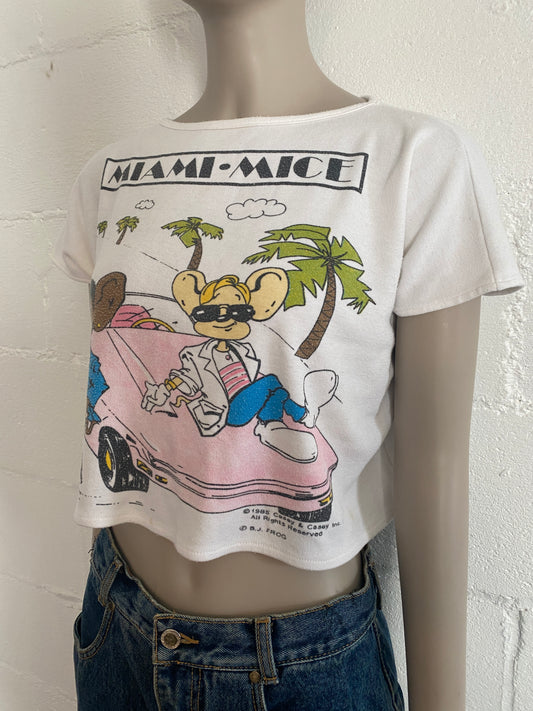Vintage Womens 1985 Cropped T-Shirt Miami Mice Graphic Print Sz S/M