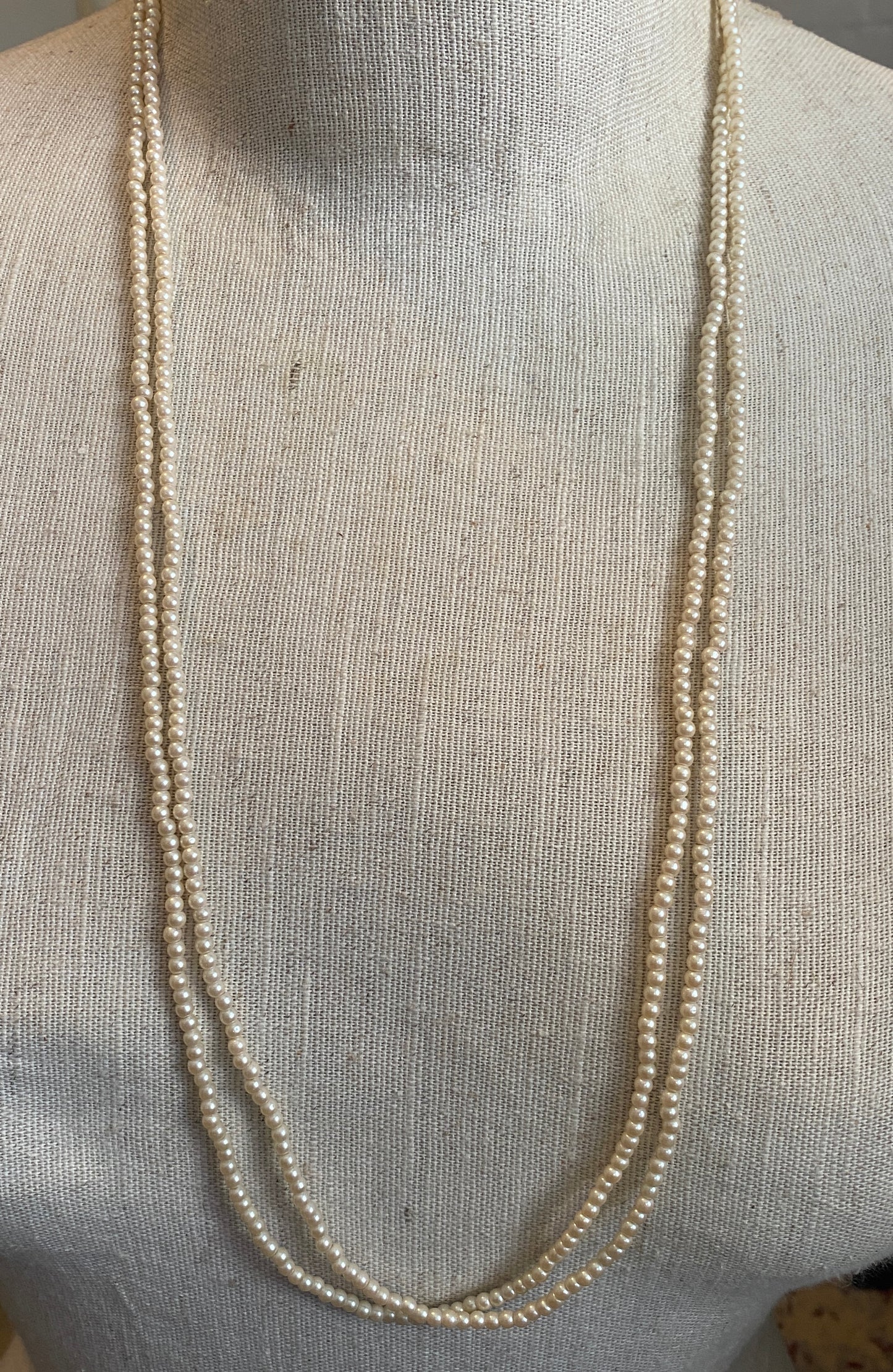 Signed 1928 Two Strand Faux Pearl Long Necklace