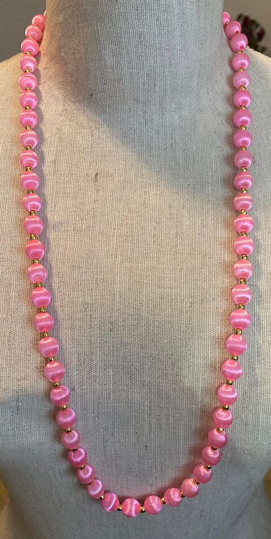 60's Bright Neon Pink Satin Bead Shiny Gold Bead Long Necklace