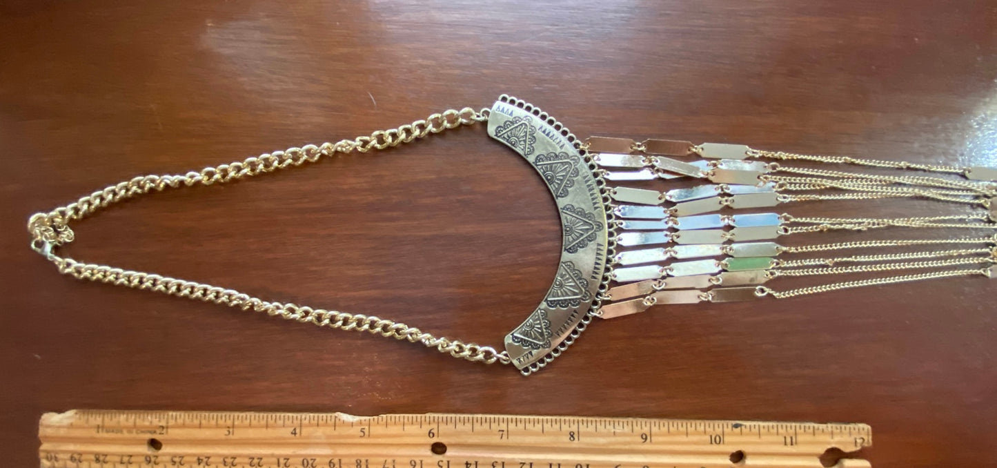 Gold Tone Chain Statement Tassel Fringe Necklace Boho