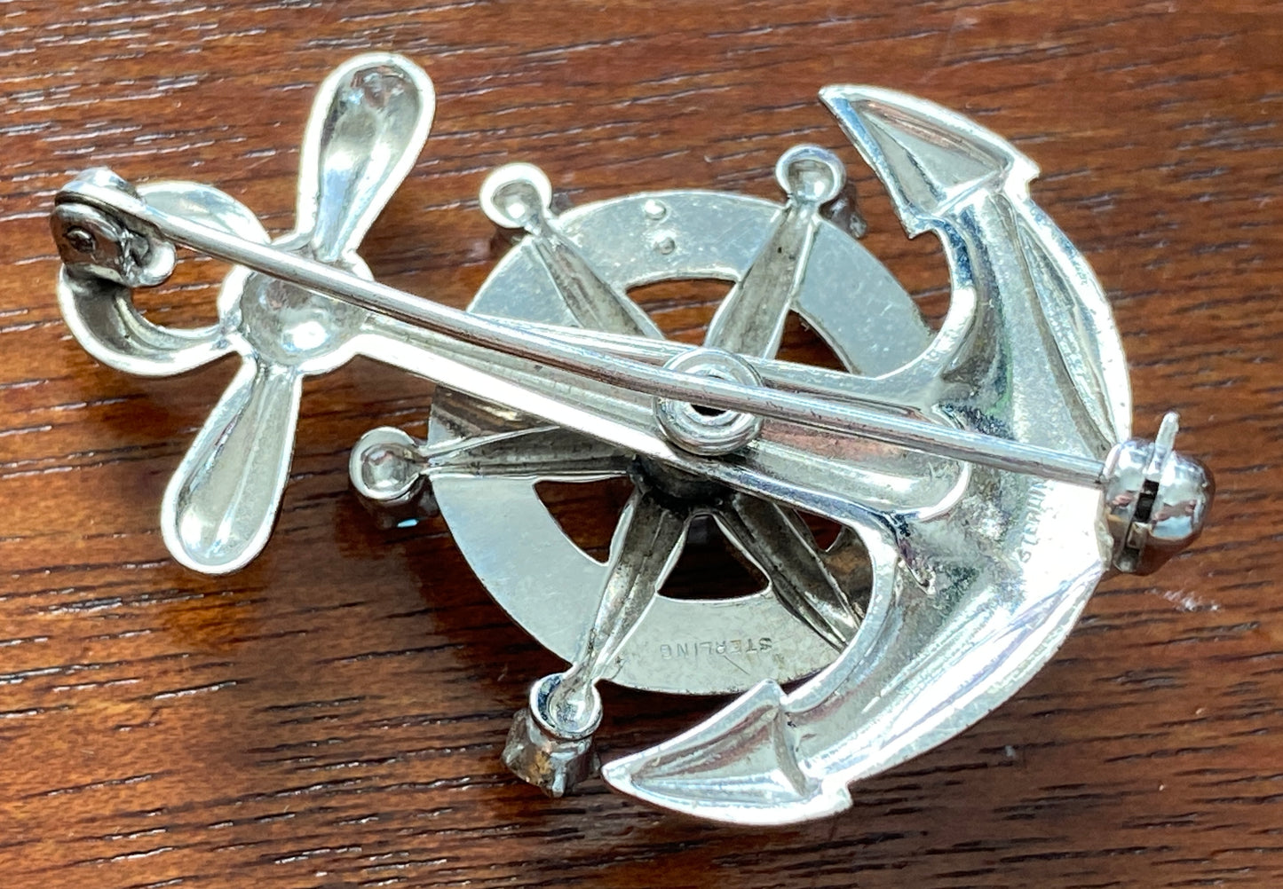Vintage Sterling Silver 925 Aquamarine Nautical Anchor Ship Wheel Brooch Pin