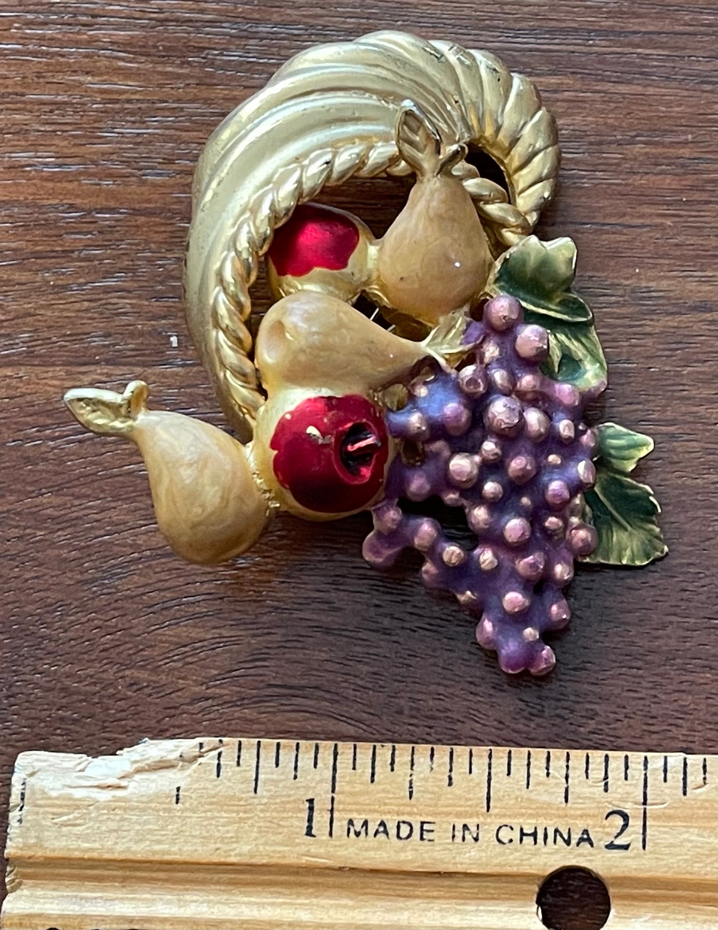 Vintage Signed AAI Cornucopia Harvest Painted Fruit Brooch Pin