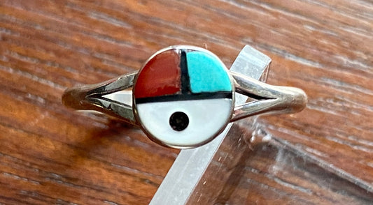 Silver Turquoise Red Coral MOP Ring Sz 6