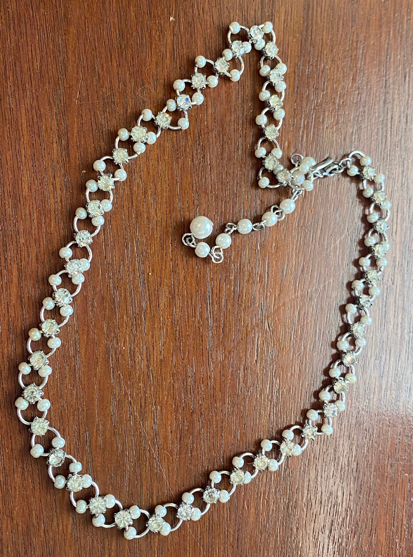 Silvertone Metal Faux Pearl Rhinestone Choker Victorian Style Necklace