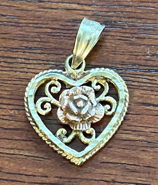 14k Yellow Rose Gold Heart Flower Small Necklace Pendant