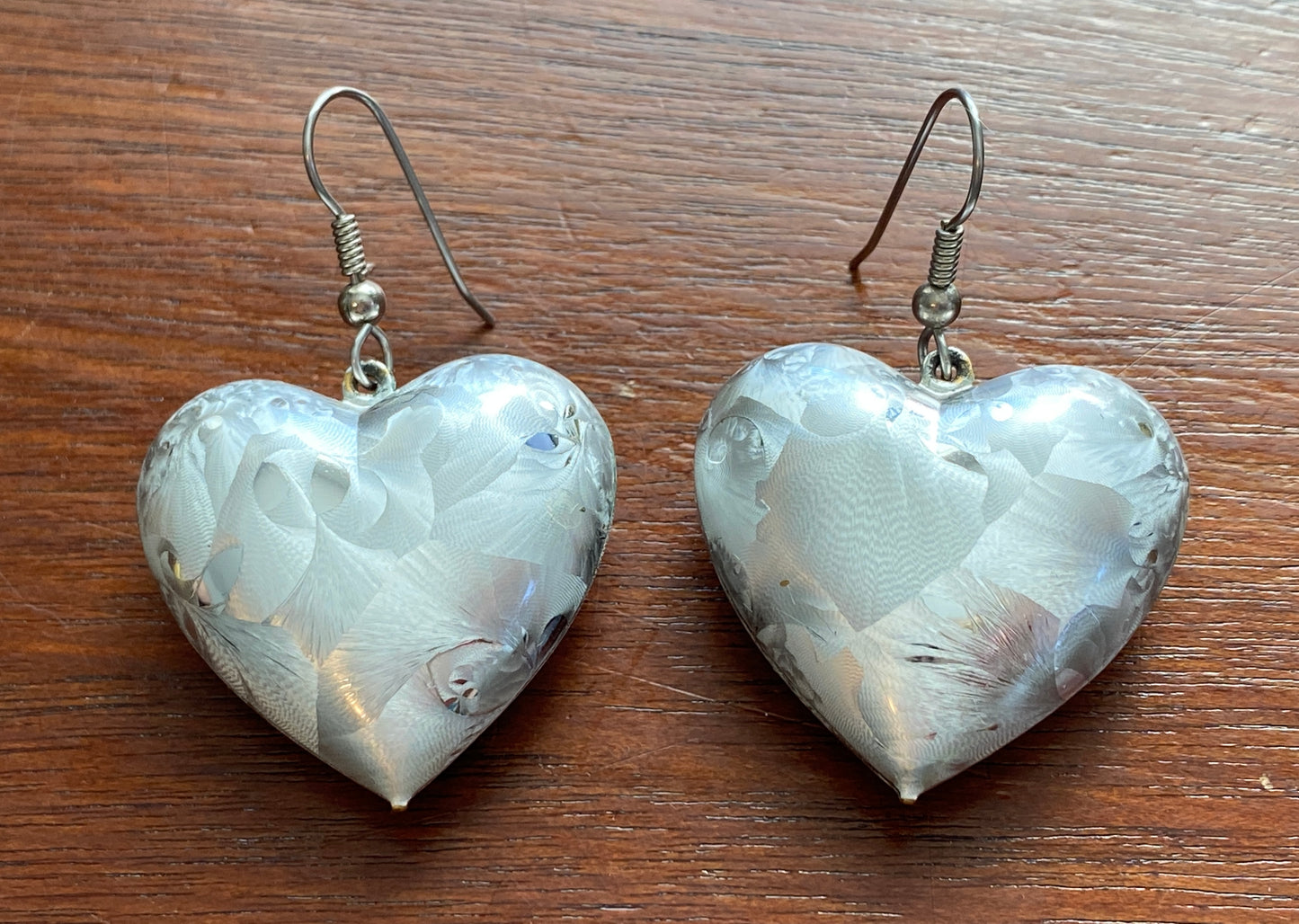 Vintage Large Textured Silvertone Metal Puffy Heart Pierced Earrings