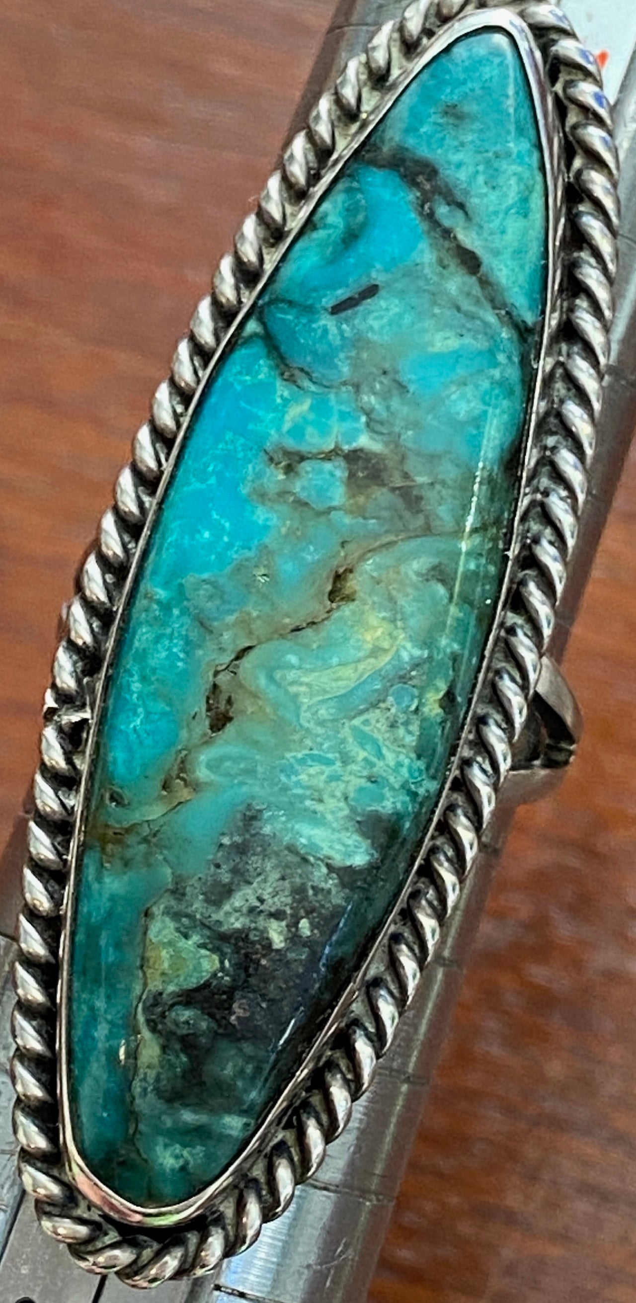 Signed WH Sterling Silver 925 Large Turquoise Ring Sz 7.5