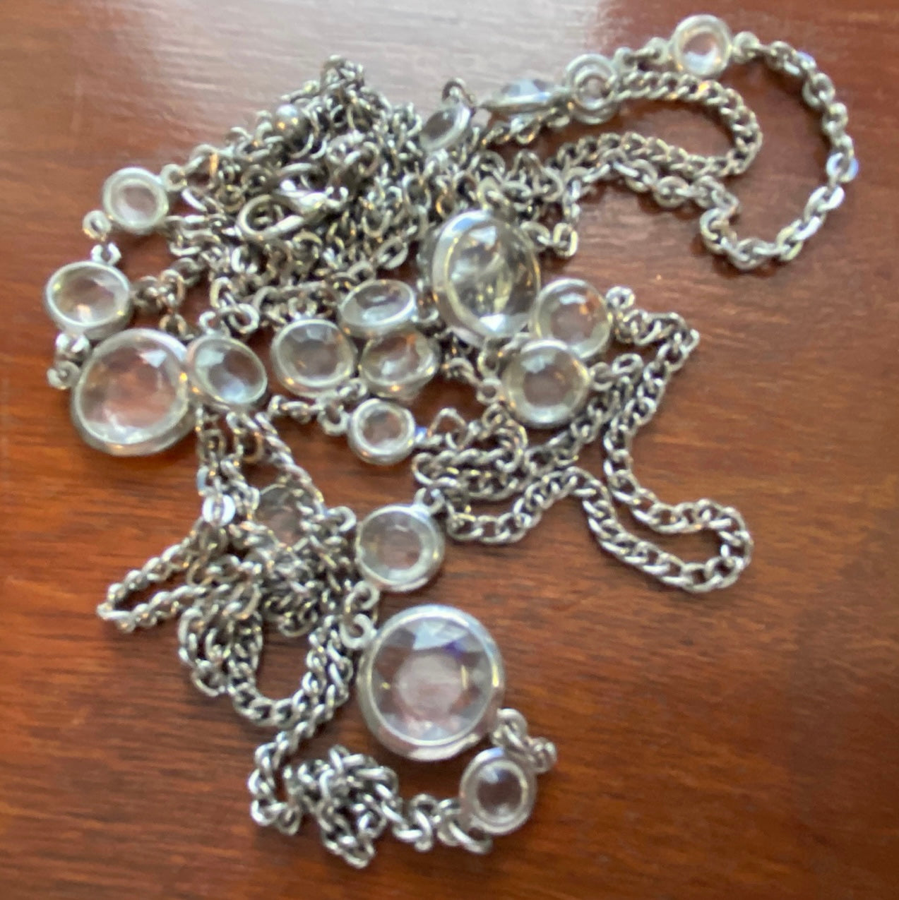 Retro Silver Tone Open Bezel Chain Link Long Layering Necklace