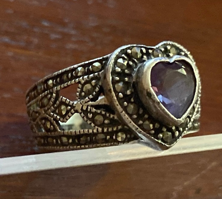 Sterling Silver 925 Amethyst Marcasite Heart Shaped Ring Sz 8.25 Signed NF