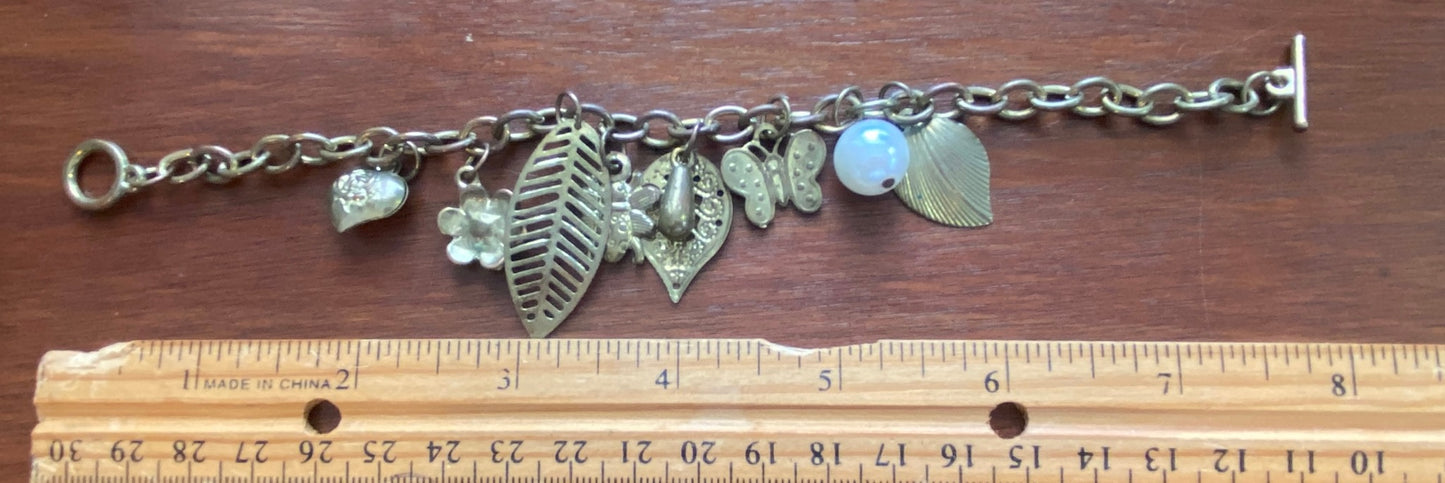 Brass Tone Metal Charm Leaf Insect Butterfly Faux Pearl Bracelet