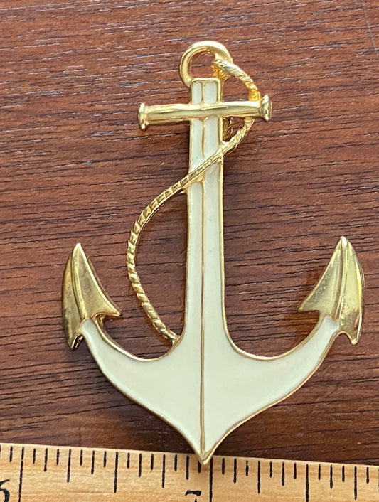 Vintage Gold Tone Cream Ivory Enamel Signed Park Lane Brooch Pin Nautical Anchor