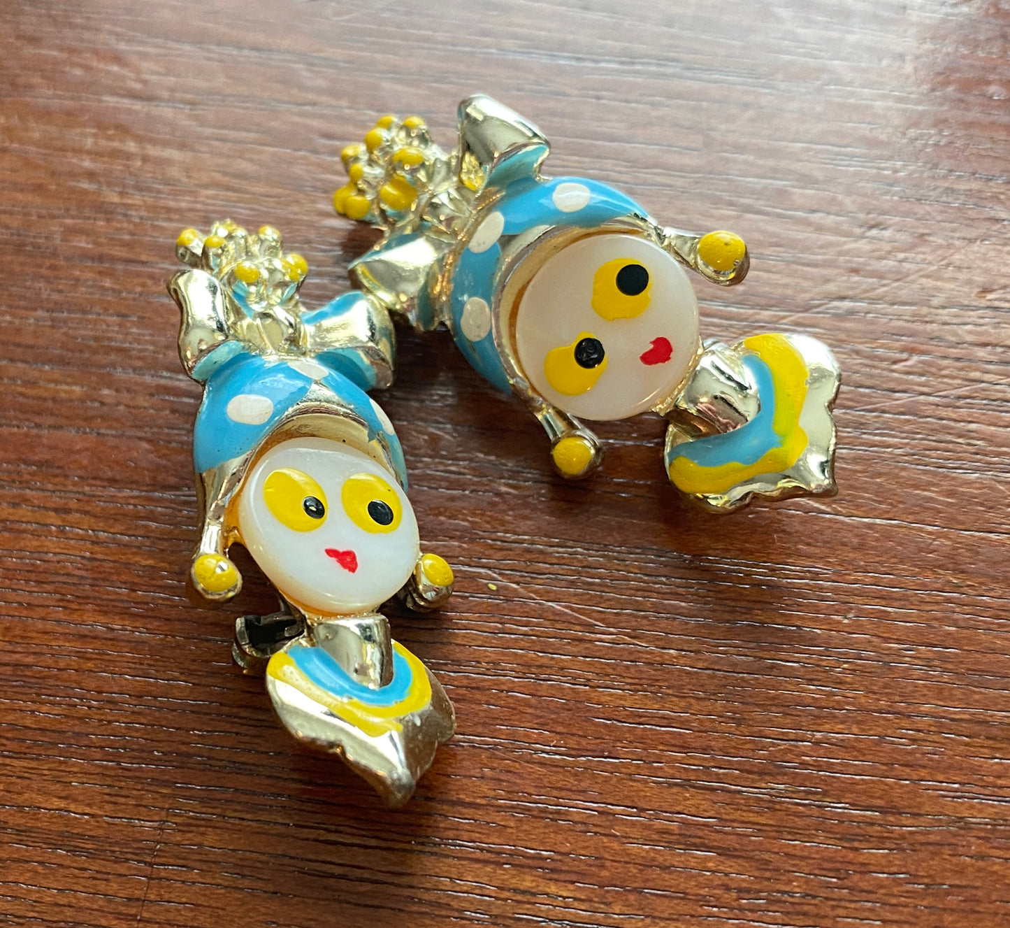 Set of 2 Small Painted Gold Tone Clown Lady Brooch Pin Polka Dots
