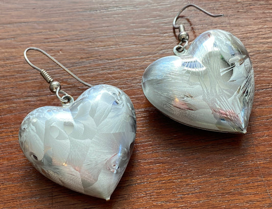 Vintage Large Textured Silvertone Metal Puffy Heart Pierced Earrings