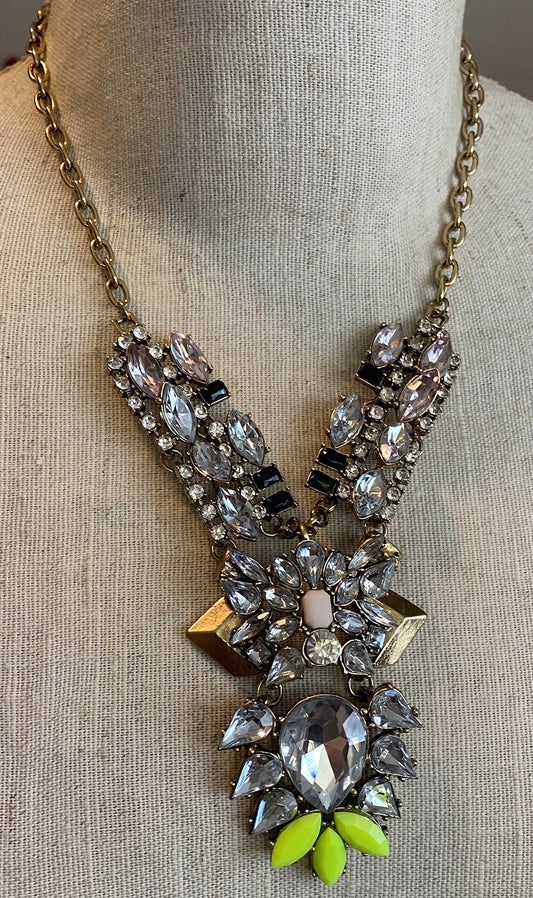Gold Tone Metal Rhinestone Green Statement Pageant Necklace