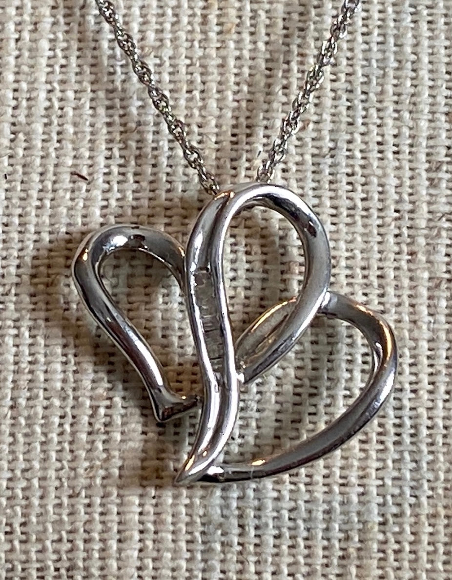 Sterling Silver Chain Double Heart Baguette Diamond Pendant Necklace