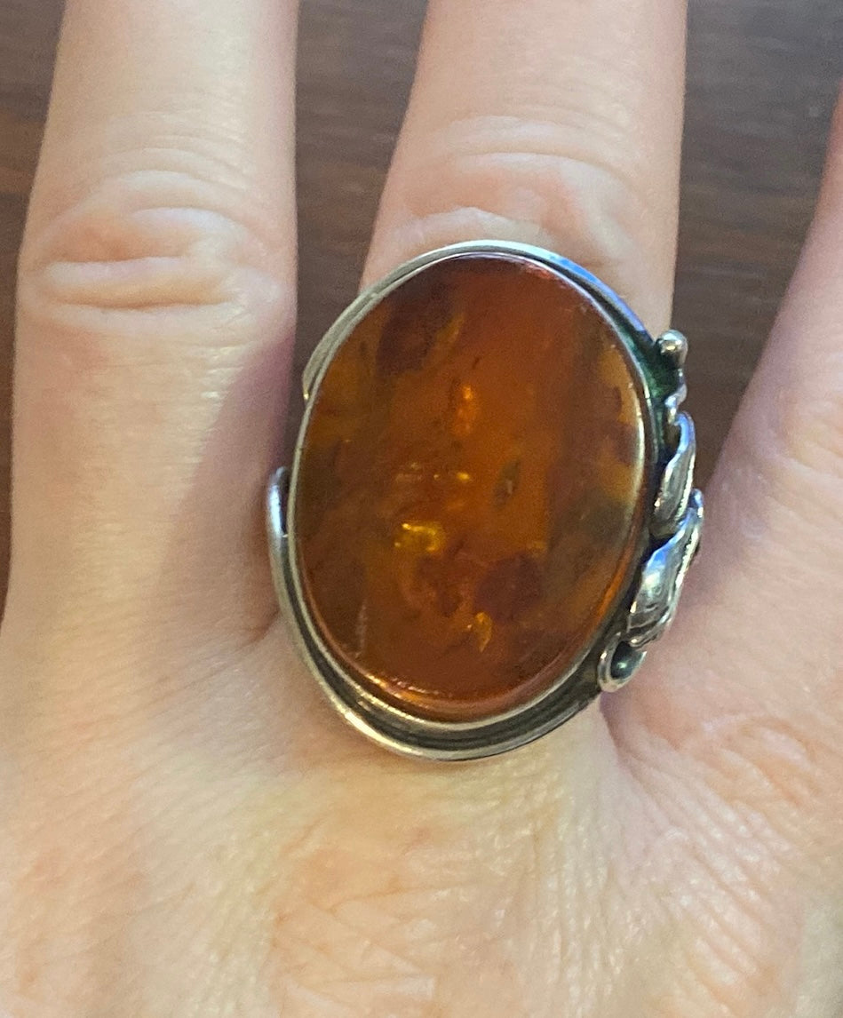 Sterling Silver 925 Baltic Amber Leaf Ring Sz 8.5