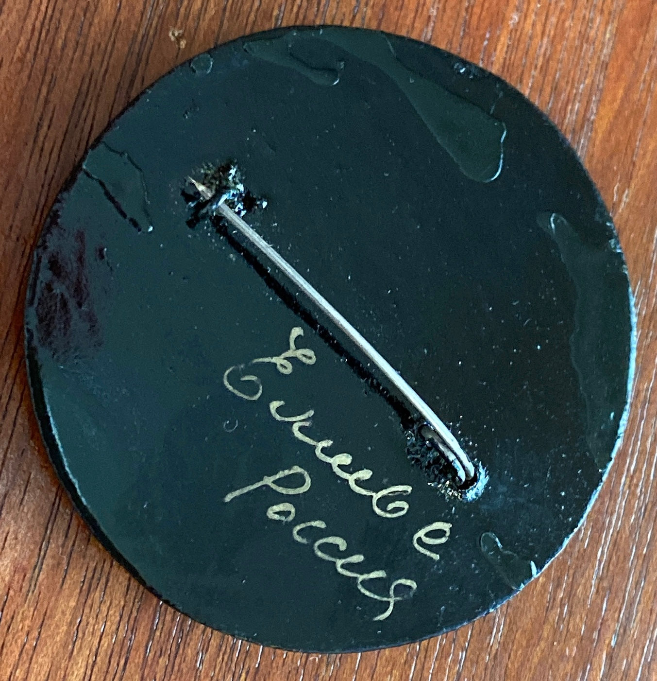 Vintage Hand Painted Black Lacquered Russian Brooch Pin Signed Large Round