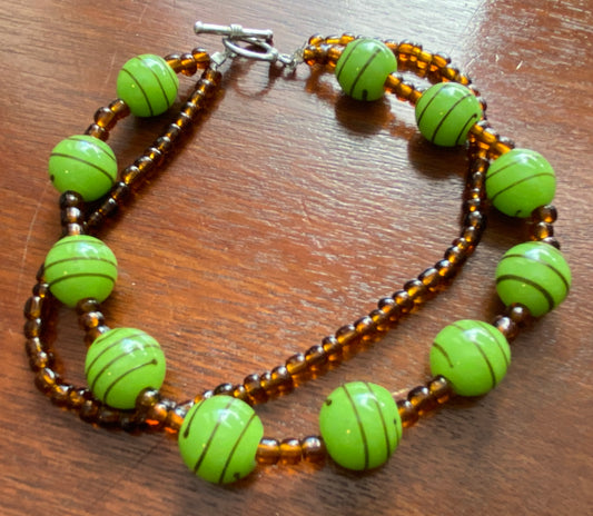 Brown/Amber Green Striped Bead Toggle Clasp Bracelet Anklet 9.75" Long